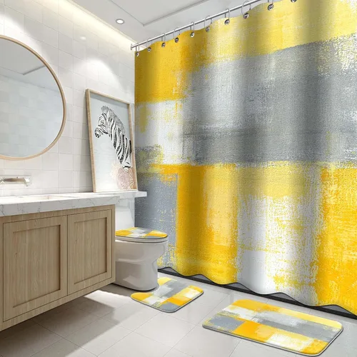 Vista 11 de Lnond 4 Piezas Juegos de Cortinas de Ducha de Baño Moradas con Alfombras, Arte de Pintura Púrpura y Gris Juegos de Baño con Cortina de Ducha