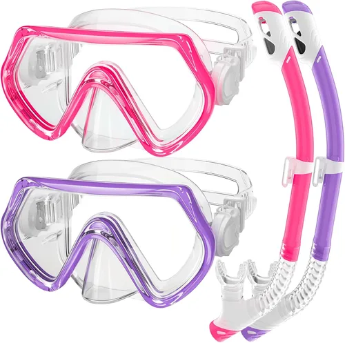 Vista 11 de 2 juegos de equipo de esnórquel para niños de 3 a 14 años, antivaho 180° Clear View Dry Top Snorkel Set, máscara de natación con cubierta nasal