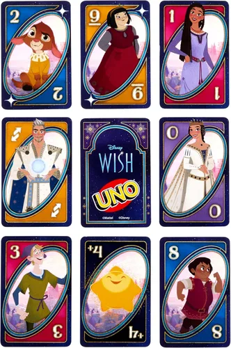 Vista 4 de Mattel Games UNO - Juego de cartas de deseos de Disney para niños, noche familiar y adultos con personajes de la película y regla especial, 2 a 10