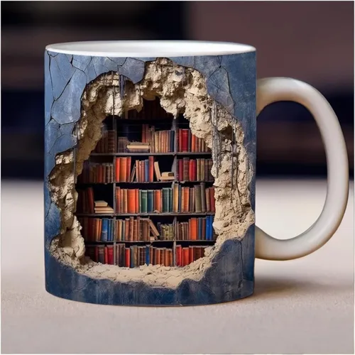 Vista 8 de Taza de estantería 3D, tazas de biblioteca, taza de café para amantes de los libros, taza de cerámica con diseño creativo del espacio para mujeres