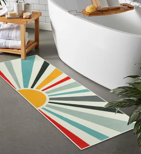 Vista 6 de Uphome Alfombra de baño bohemia, moderna, colorida, antideslizante, suave, linda, lavable a máquina, de terciopelo azul, para fregadero, bañera