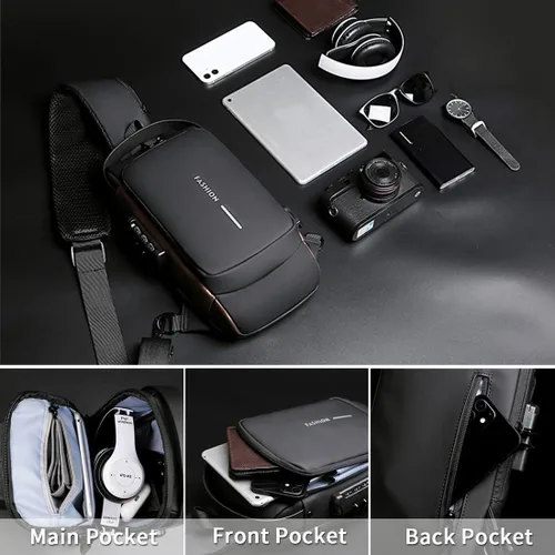 Vista 7 de Mochila bandolera antirrobo, mochila cruzada de un hombro con puerto de carga USB, viajes, senderismo, mochila casual, Negro 2, talla única