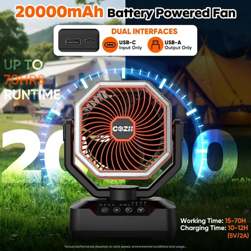 Vista 3 de COZII Ventilador portátil recargable, ventilador de batería de 20000 mAh de hasta 70 horas de funcionamiento, ventilador de campamento con luz LED