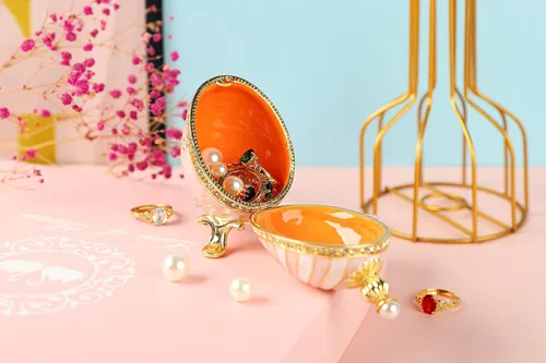 Vista 18 de Cajas de joyería con forma de huevo de Pascua azul con bisagras con diamantes de imitación en forma de amor, esmalte de regalo para mujeres