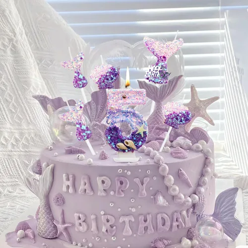 Vista 7 de 6 velas de cumpleaños de 2.5 pulgadas con temática de sirena para decoración de pastel de cumpleaños, 1 número 5, 3 colas de sirena, 2 conchas