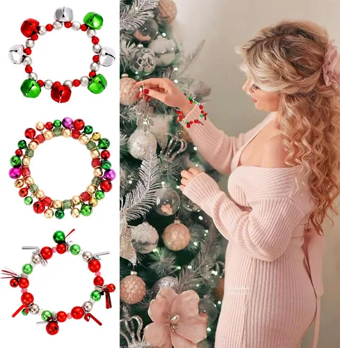 Vista 7 de 3pcs Christmas Jingle Bell Bracelets Xmas Multi Color Beaded Charm Stretch Bracelet Christmas Holiday Party Favors for Women Jewelry Gift