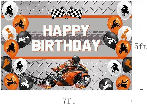 Vista 3 de MEHOFOND Telón de fondo naranja de 7 x 5 pies para motocicleta, globo de carreras de motocross, decoración de fiesta de cumpleaños, deportes