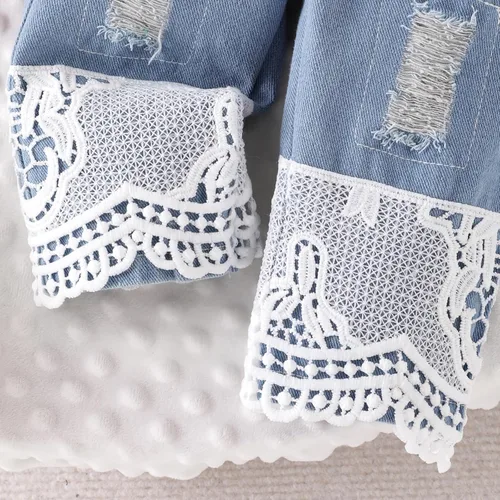 Vista 16 de Conjunto de ropa de bebé niña para bebé, mameluco de encaje blanco de manga larga + pantalones de mezclilla