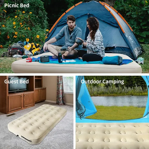 Vista 3 de Colchón de aire tamaño individual con bomba de inflado rápido, colchón inflable de parte superior ondulada, cama de aire duradera para el hogar