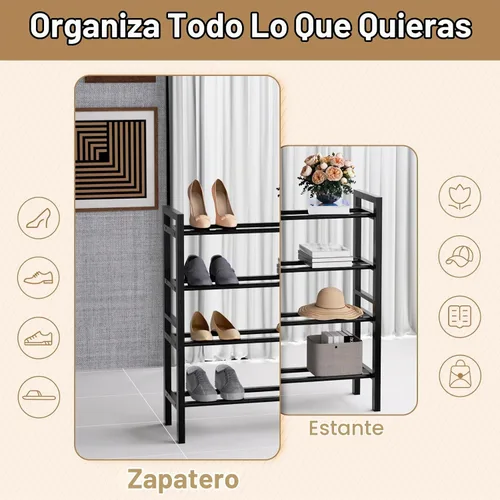 Vista 7 de Zapatero de bambú organizador de zapatos de pie libre, negro, 4 niveles Marrón
