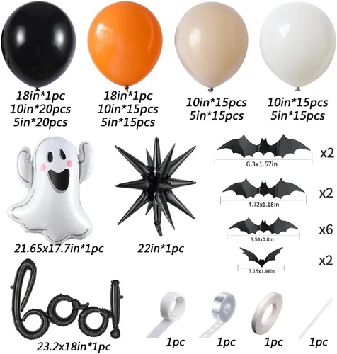 Vista 2 de Kit de arco de guirnalda de globos de Halloween Little BOO, 151 piezas de globos de látex blanco retro naranja quemado negro con globo de aluminio
