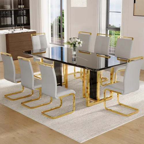 Vista 16 de Juego de mesa de comedor de mármol negro dorado de 79 pulgadas para 8 Sillas negras+oro