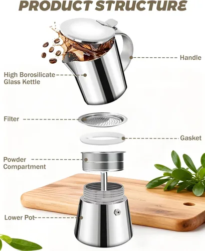 Vista 3 de Cafetera Express de acero inoxidable 304, 2 tazas de 3.3 oz/3.4 fl oz, cafetera italiana para el hogar, cocina y campamento, todas las estufas