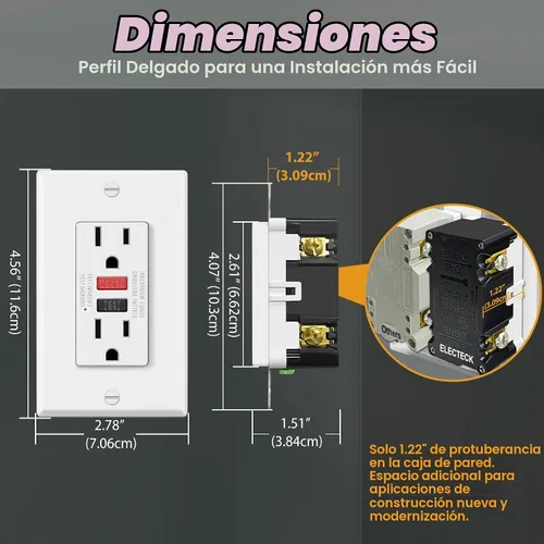 Vista 3 de ELECTECK Paquete de 5 Tomacorrientes GFCI de 15 Amperios, No Resistente a Manipulaciones, Receptáculos GFI Decorativos con Indicador LED Botón