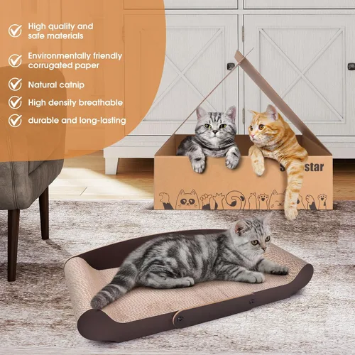 Vista 5 de Cama rascador de cartón para gatos de 27.6 pulgadas, sofá rascador extragrande para gatos de interior, caja de rascar tumbona con juguete de varita