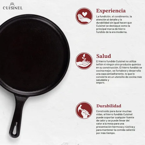 Vista 2 de Plancha redonda de hierro fundido – Sartén para crepas de 10.5 pulgadas + cubierta de mango de silicona – Comal pre-sazonado para sartén plana