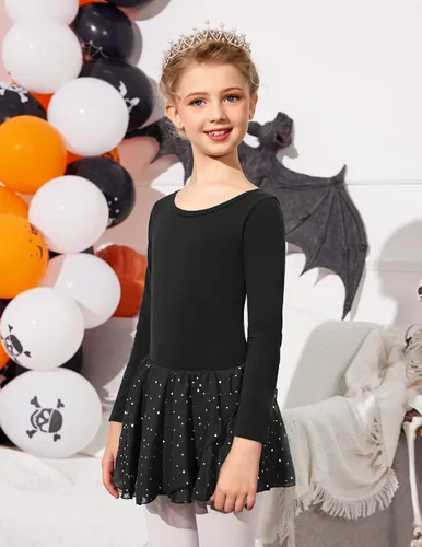 Vista 9 de Arshiner Leotardo de ballet de manga larga para niñas, con espalda hueca brillante, vestido de leotardo con falda de baile