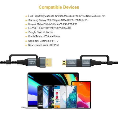 Vista 7 de CableCreation Cable de carga USB C de 6.6 pies, 4 en 1 Multi USB C a USB C, cable de carga rápida PD 3A Micro USB/Tipo C 480Mpbs de transferencia