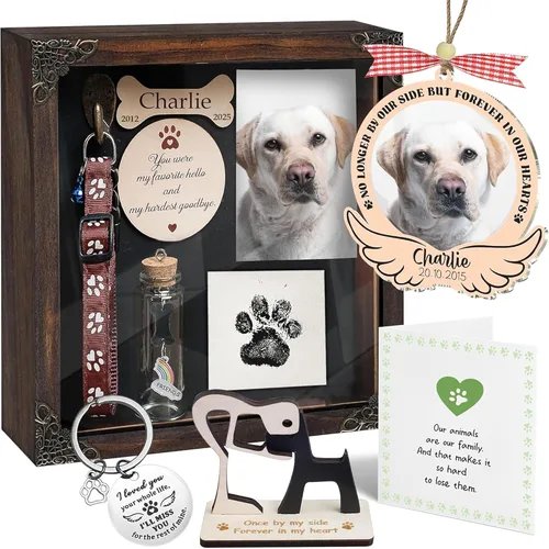 Vista 17 de vinatimes Caja de sombra de regalo conmemorativo para mascotas de 8.6 pulgadas, soporte para collar negro, marco de fotos, kit de tinta de pata