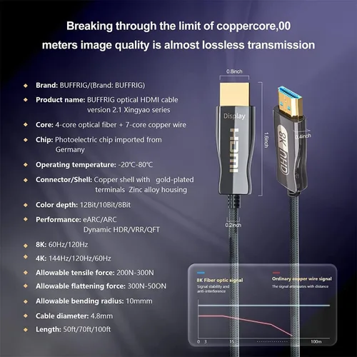 Vista 5 de dyplay Cable HDMI 8K 2.1 48Gbps 50 pies, cable HDMI de fibra óptica de ultra alta velocidad para HDR ARC y VRR y ALLM, QTF y QMS, 8K @120Hz/60Hz, 4K
