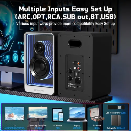 Vista 3 de BESTISAN 50W*2 Altavoces de estantería activos con efecto de luz dinámica, altavoces de graves de 3" para computadora con entrada ARC/Óptica/RCA/BT