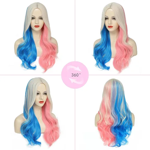 Vista 4 de Harley Quinn Peluca larga rosa y azul para mujer, peluca de cosplay, peluca de Halloween, fiesta, espectáculo, uso diario, peluca de fibras