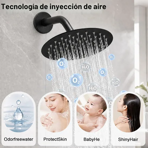Vista 6 de Juego de llave de ducha HUCKLE con cabezal de ducha, llave de ducha negra de 8 pulgadas con válvula, cabezal de ducha de lluvia de mango único