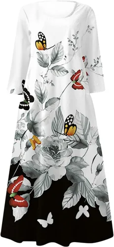 Vista 2 de EKVAHL Vestido de manga 34 para mujer, vestidos de otoño, casual, holgado, talla grande, cuello redondo, estampado floral, elegante vestido largo