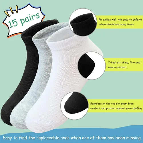 Vista 3 de 15 pares de calcetines de corte bajo para niños, calcetines deportivos de media amortiguación para niños y niñas
