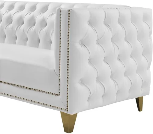 Vista 8 de Meridian Furniture 651White-S Colección Michelle Moderna Sofá contemporáneo con botones profundos, ribete dorado de cabeza de clavo y patas