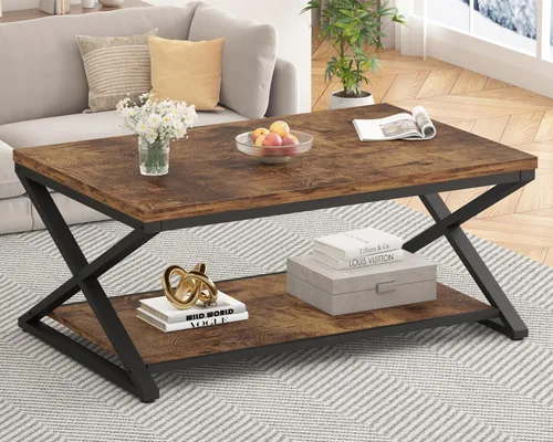 Vista 14 de HSH Mesa de sala de estar de madera de metal minimalista moderna negra con estante de almacenamiento, mesa central rectangular de 39 pulgadas y 2