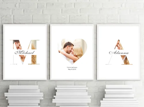 Vista 7 de Woodkap Impresiones en lienzo personalizadas con fotos de pareja y nombre Personalized Sign Initials Name and Special Date Posters, Set Of 3
