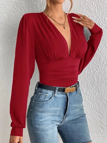 Vista 3 de SweatyRocks Enterizo de manga larga con cuello en V profundo para mujer