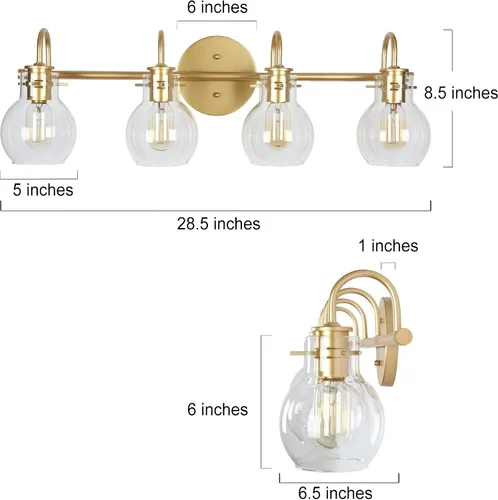 Vista 7 de KSANA Lámpara de tocador de baño, 4 luces de 28.5 pulgadas, grandes lámparas de baño doradas, modernas luces de tocador para baño con pantallas