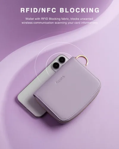 Vista 6 de Vulkitty Cartera pequeña para mujer con bloqueo RFID con cremallera alrededor de la funda triple compacta de cuero para tarjetas con bolsillo