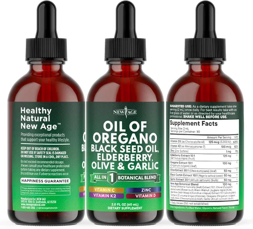 Vista 7 de NEW AGE Gotas de aceite de orégano - Aceite de semilla negra, saúco, vitamina D, D3, K2, oliva, ajo, suplemento de apoyo inmunológico, fórmula