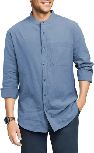 Vista 2 de Camisas de vestir de lino y algodón de manga larga con botones para hombre, ajuste regular