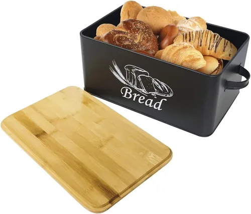 Vista 3 de SOTECH Caja de Pan con 3 Frascos Café Azúcar Té para Encimera de Cocina Caja de Pan de Metal Blanco con Tapa de Tablero de Bambú Conjunto
