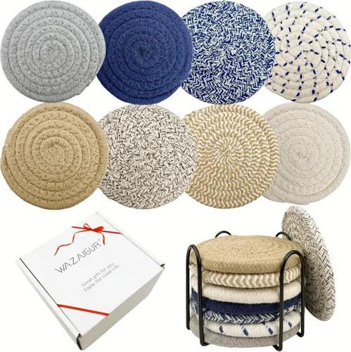 Vista 2 de Posavasos de algodón tejido hecho a mano, juego de 8 con soporte, absorbente, protege la mesa, 4.3 pulgadas de diámetro, decoración del hogar