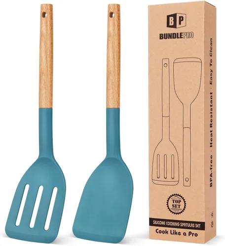 Vista 13 de Paquete de 2 espátulas de cocina de silicona, espátulas sólidas resistentes al calor, espátulas ranuradas antiadherentes con mango corto de madera