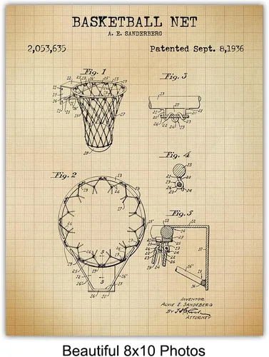 Vista 4 de Impresiones de patente de baloncesto - Regalo genial y decoración única para habitación de niños, dormitorio para niños o adolescentes, oficina