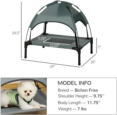 Vista 3 de Cama elevada para perros con toldo de protección UV, cama portátil estilo cuna para perros medianos, marco de metal gris