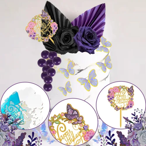 Vista 4 de 29 piezas de decoración de pastel de flores, hojas de palma, bola de mariposa, decoración bohemia para tartas, decoración de pastel de cumpleaños
