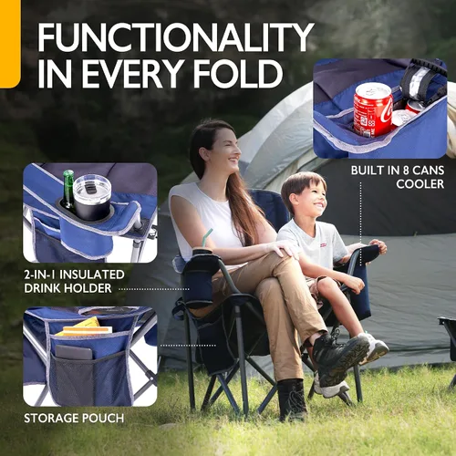 Vista 5 de Silla de camping plegable de gran tamaño para adultos, soporta 500 libras, tela transpirable, soporte para tazas aislado, enfriador de 8 latas