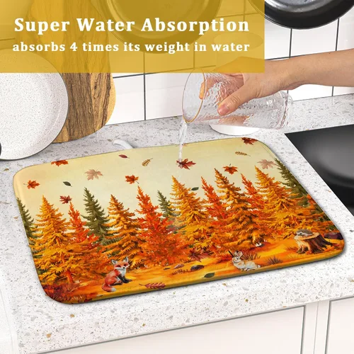 Vista 7 de Alfombrilla de secado de platos para encimera de cocina pequeña absorbente de café de otoño Alfombrilla de secado de microfibra de bosque de otoño