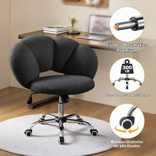 Vista 6 de Yaheetech Black Petal Boucle - Silla de escritorio para maquillaje con ruedas, giratoria, color negro