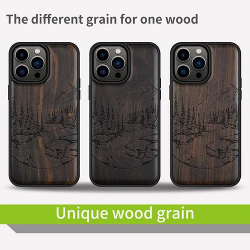 Vista 7 de Carveit Funda magnética de madera para iPhone 14 Pro Max [madera natural y TPU suave negro] Funda protectora de madera única y elegante a prueba