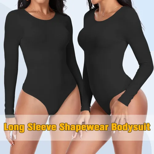 Vista 2 de Body moldeador para mujer, con control de abdomen, manga larga, cuello redondo, tanga, sin costuras, sexy, trajes corporales