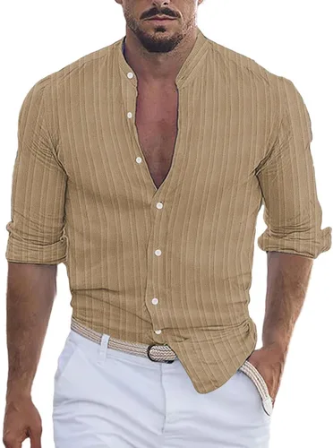 Vista 24 de Camisa de lino de algodón para hombre, manga larga con botones, cuello alto con bandas para playa y verano
