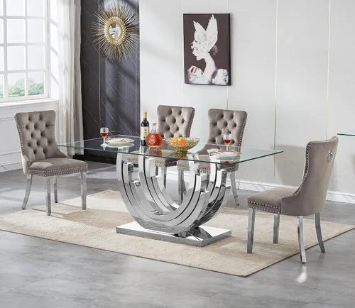 Vista 37 de Juego de mesa de comedor de cristal dorado de 5 piezas, 70 pulgadas, rectangular, moderna, para cocina y comedor, mesa de comedor para 4, mesa